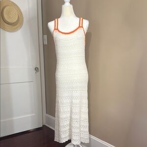 Jessica Simpson White and Orange Crochet Square Neck Midi Dress